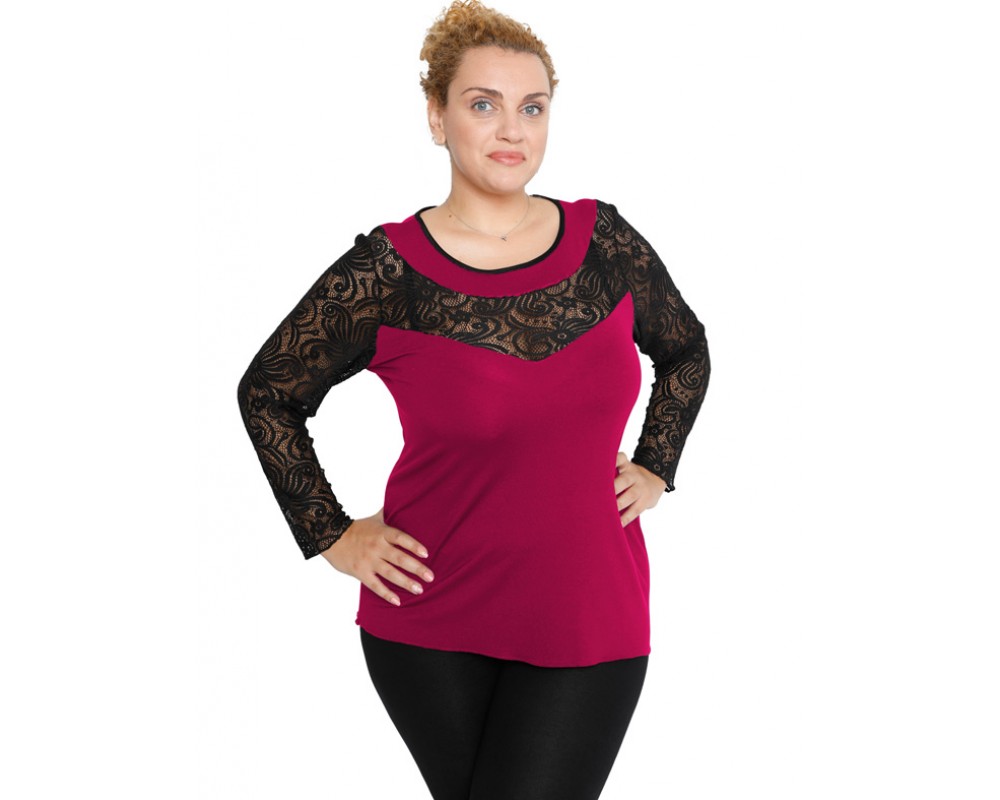 B19-247D Classic blouse with lace - Fuchsia Plus Size