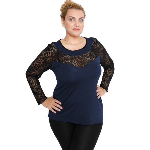 B19-247D Classic blouse with lace - Navy Blue