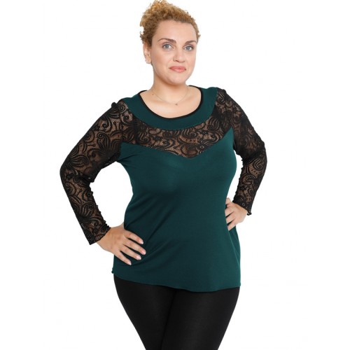 B19-247D Classic blouse with lace - Petrol
