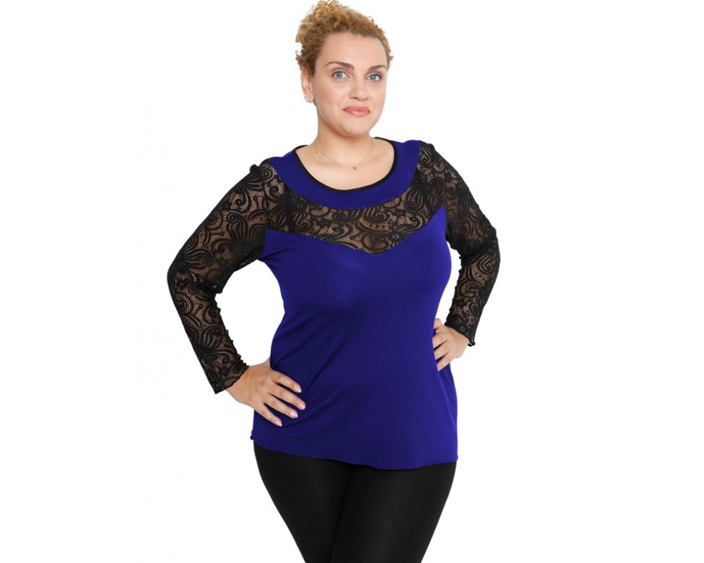 B19-247D Classic blouse with lace - Royal Blue Plus Size