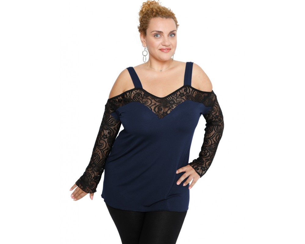 B19-248D Classic blouse - Navy Blue Plus Size