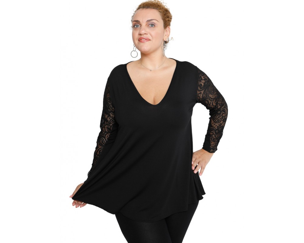 B19-251D Alpha blouse with lace on sleeves - Black Plus Size