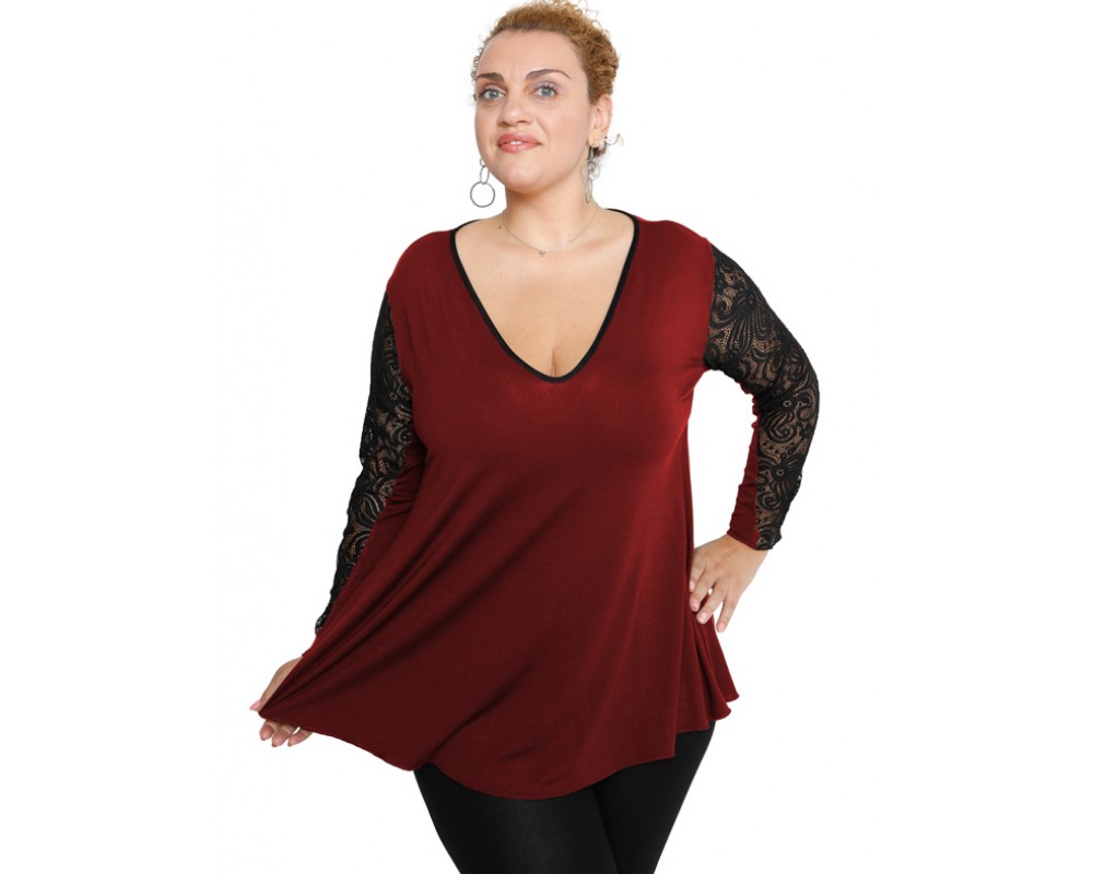 B19-251D Alpha blouse with lace on sleeves - Bordeaux Plus Size