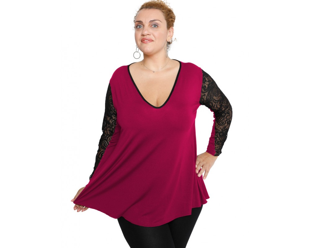 B19-251D Alpha blouse with lace on sleeves - Fuchsia Plus Size