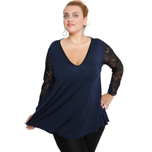 B19-251D Alpha blouse with lace on sleeves - Navy Blue
