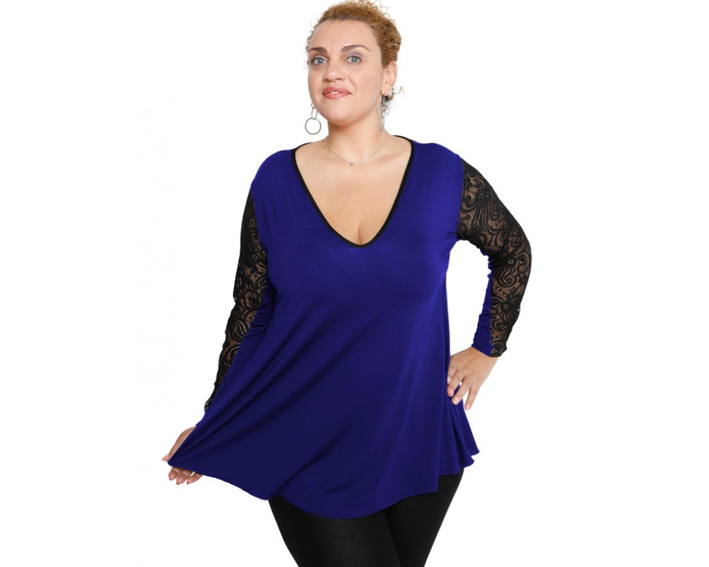 B19-251D Alpha blouse with lace on sleeves - Royal Blue Plus Size