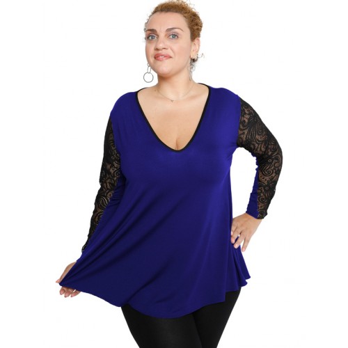 B19-251D Alpha blouse with lace on sleeves - Royal Blue