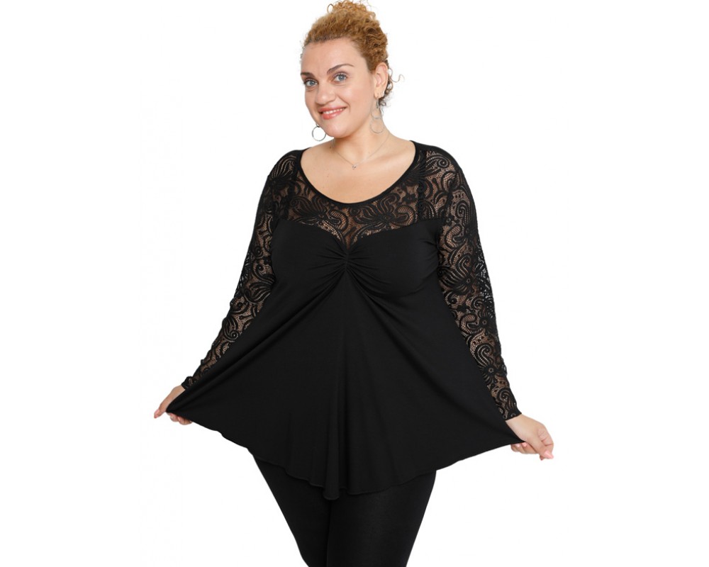 B19-253D Alpha blouse with lace - Black Plus Size