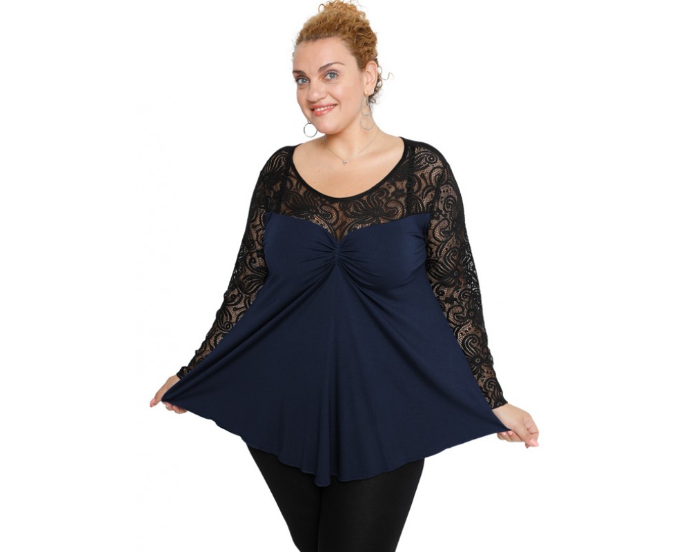 B19-253D Alpha blouse with lace - Navy Blue Plus Size