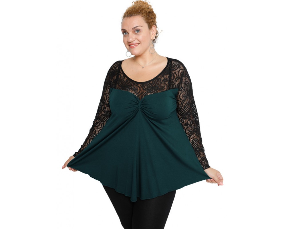 B19-253D Alpha blouse with lace - Petrol Plus Size