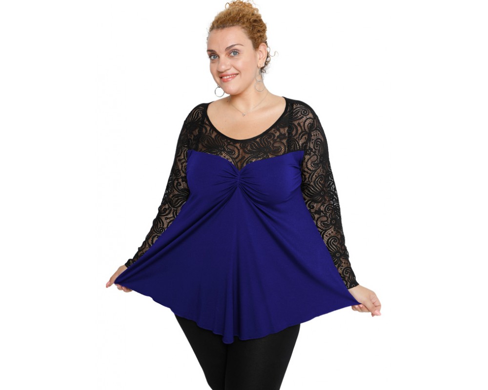 B19-253D Alpha blouse with lace - Royal Blue Plus Size