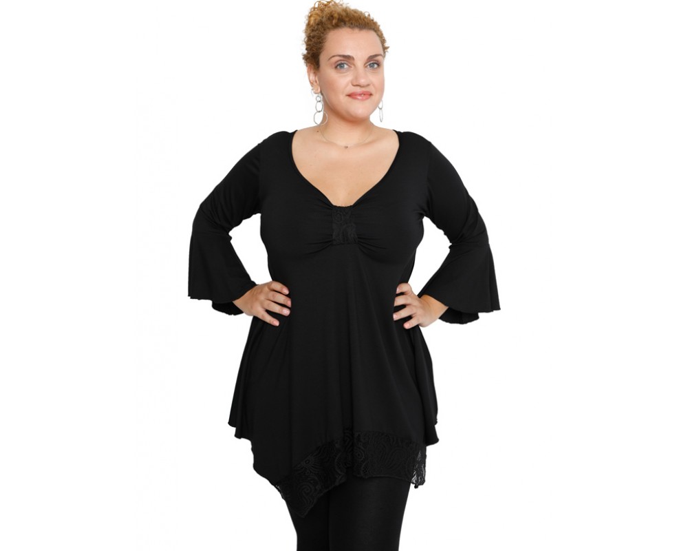 B19-255D Alpha blouse with lace - Black Plus Size
