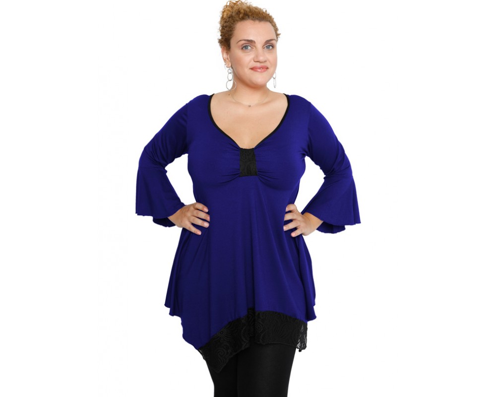 B19-255D Alpha blouse with lace - Royal Blue Plus Size