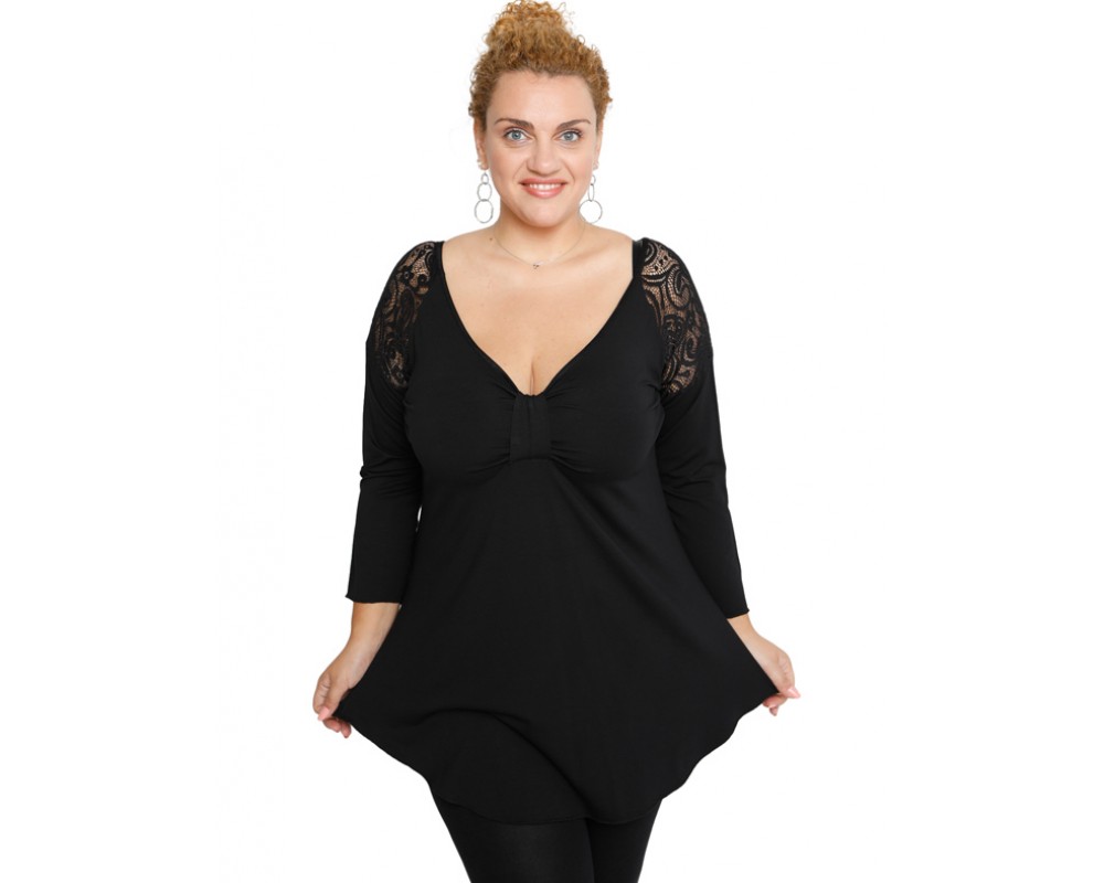 B19-279D Classic blouse with lace on shoulders - Black Plus Size