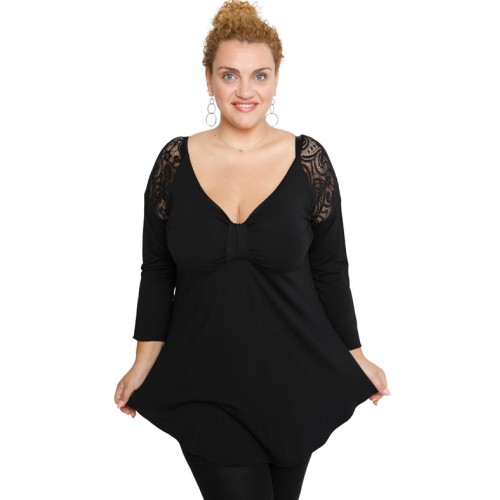 B19-279D Classic blouse with lace on shoulders - Black