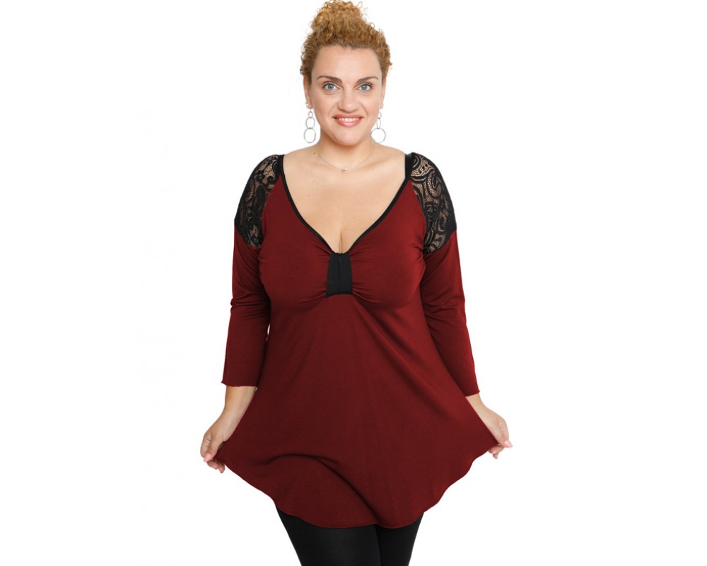 B19-279D Classic blouse with lace on shoulders - Bordeaux Plus Size