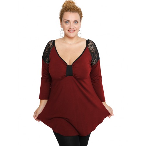B19-279D Classic blouse with lace on shoulders - Bordeaux