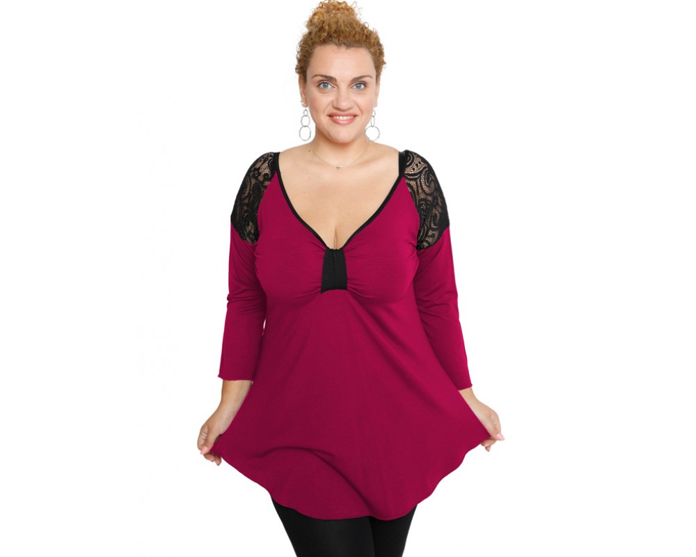 B19-279D Classic blouse with lace on shoulders - Fuchsia Plus Size