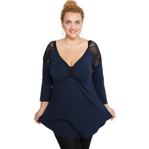 B19-279D Classic blouse with lace on shoulders - Navy Blue