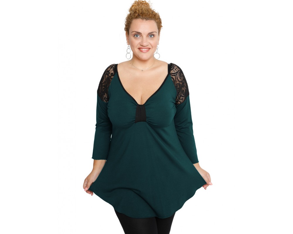 B19-279D Classic blouse with lace on shoulders - Petrol Plus Size
