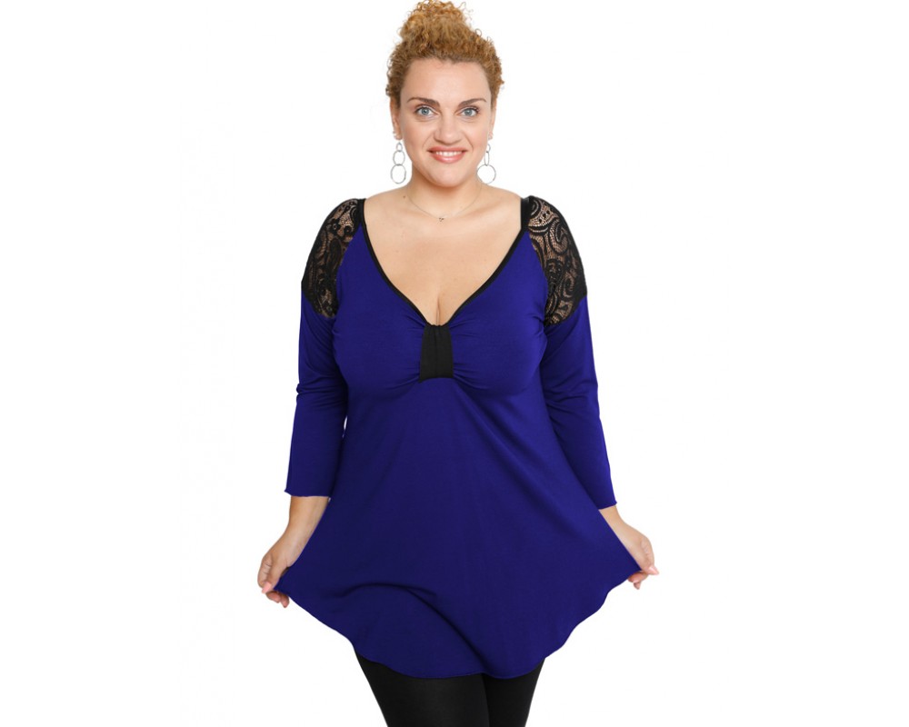 B19-279D Classic blouse with lace on shoulders - Royal Blue Plus Size