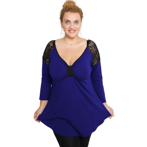 B19-279D Classic blouse with lace on shoulders - Royal Blue