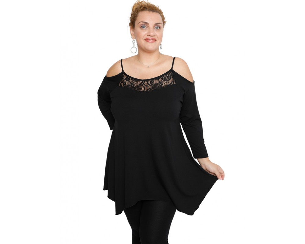 B19-283D Alpha blouse with lace on chest - Black Plus Size