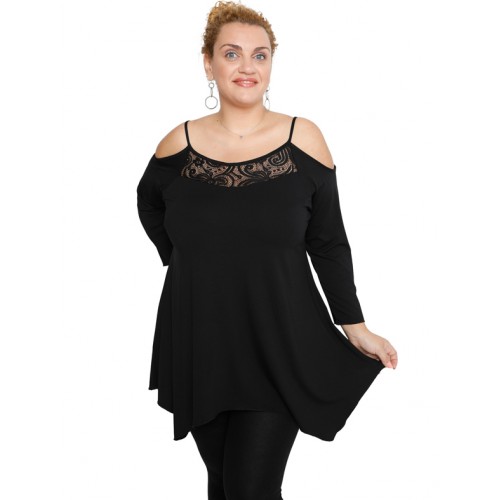 B19-283D Alpha blouse with lace on chest - Black B19-283D Alpha blouse with lace on chest - Black
