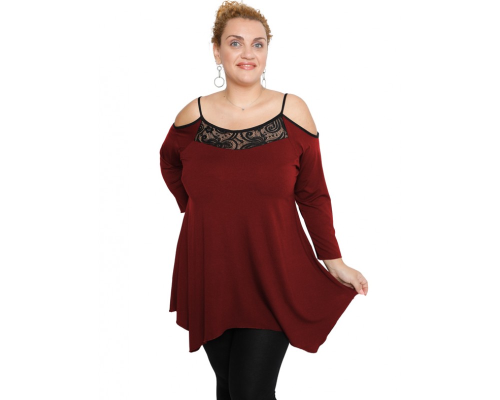 B19-283D Alpha blouse with lace on chest - Bordeaux Plus Size