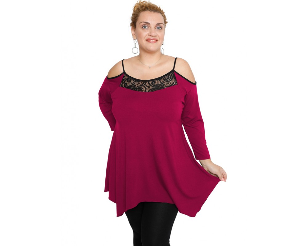 B19-283D Alpha blouse with lace on chest - Fuchsia Plus Size