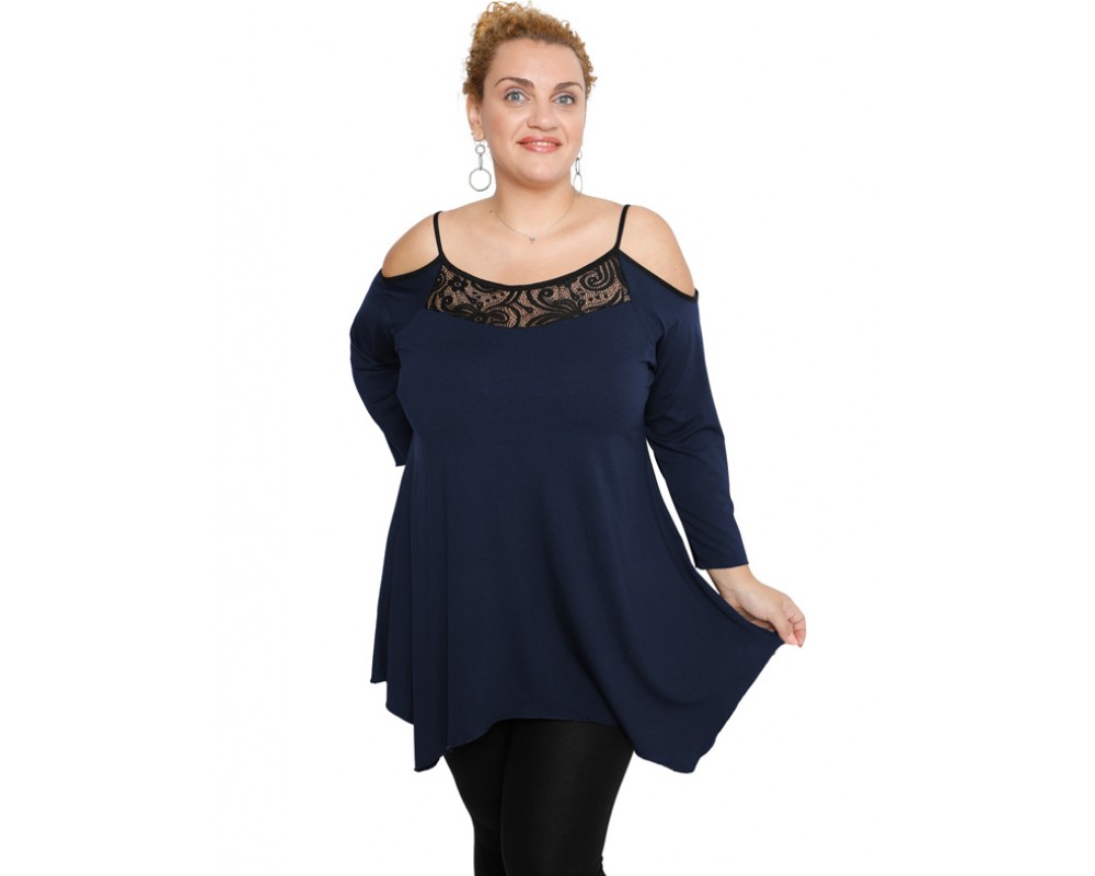B19-283D Alpha blouse with lace on chest - Navy Blue Plus Size