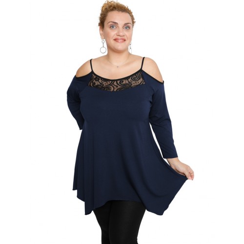 B19-283D Alpha blouse with lace on chest - Navy Blue B19-283D Alpha blouse with lace on chest - Navy Blue