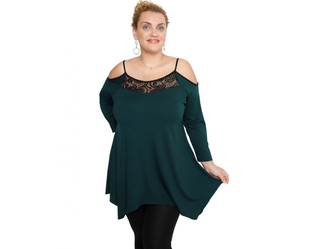 B19-283D Alpha blouse with lace on chest - Petrol Plus Size