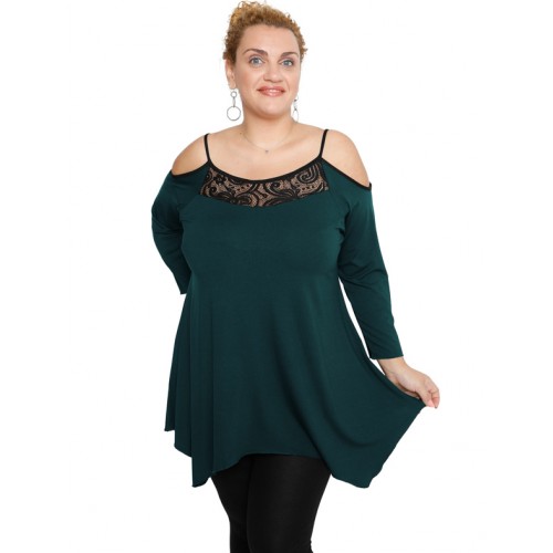 B19-283D Alpha blouse with lace on chest - Petrol B19-283D Alpha blouse with lace on chest - Petrol