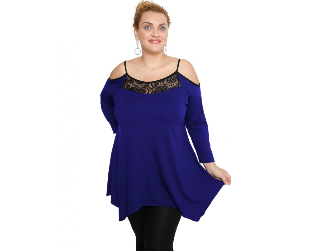 B19-283D Alpha blouse with lace on chest - Royal Blue Plus Size