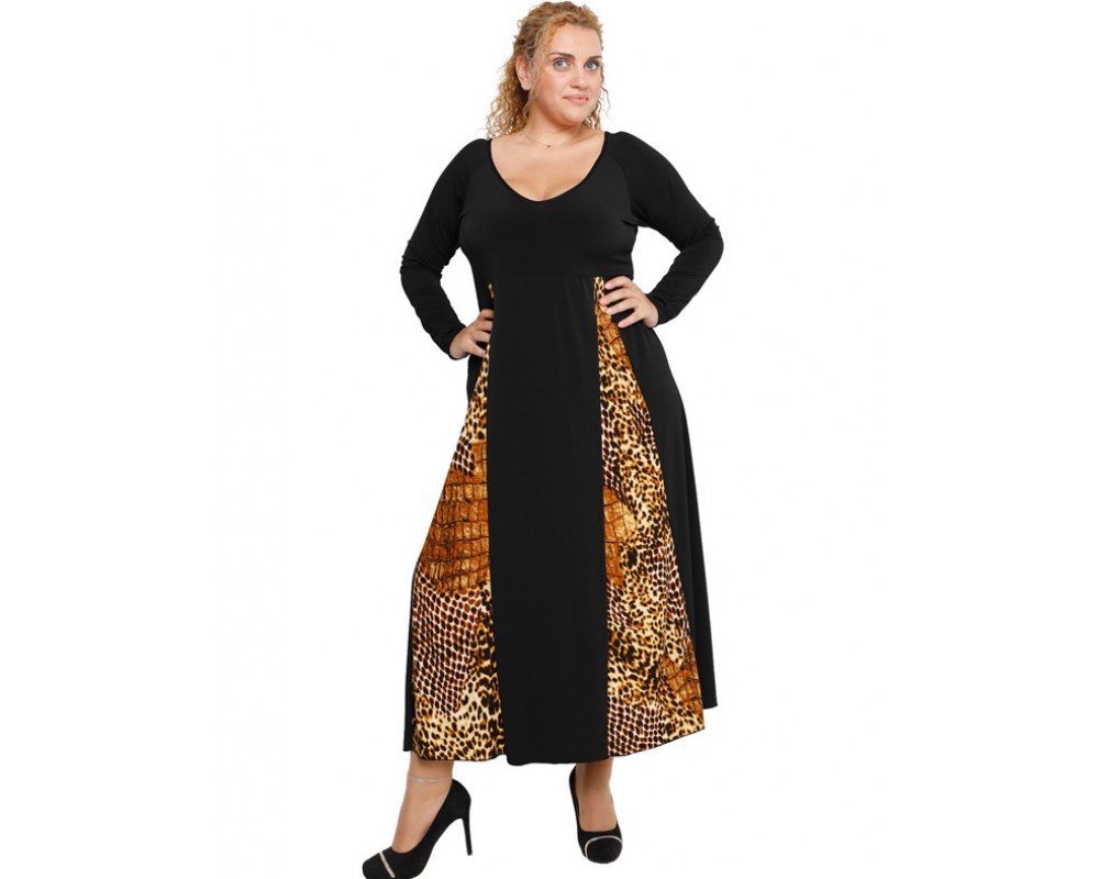 B19-3724F Dress with pattrn and stripes - Rust Plus Size