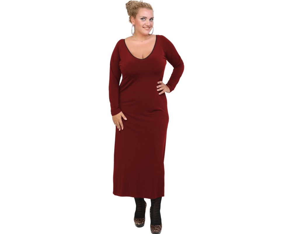 B20-123FK Long Jersey Dress - Bordeaux Plus Size