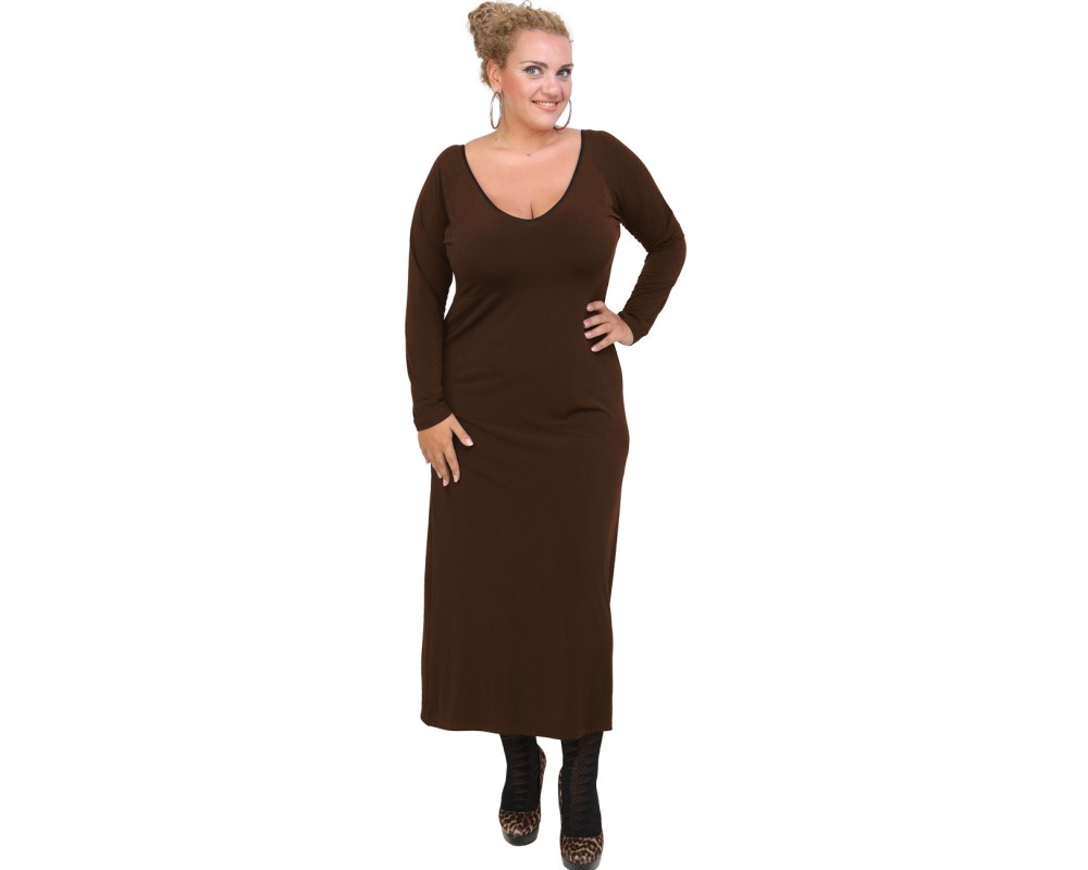 B20-123FK Long Jersey Dress - Brown Plus Size