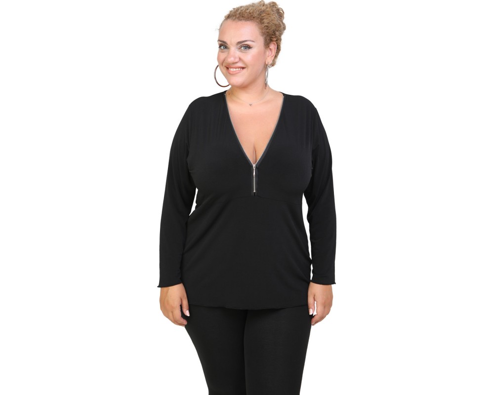 B20-190 Jersey Blouse with zipper - Black Plus Size