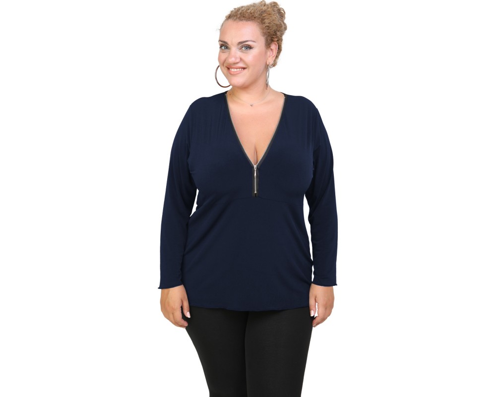 B20-190 Jersey Blouse with zipper - Blue-marin Plus Size
