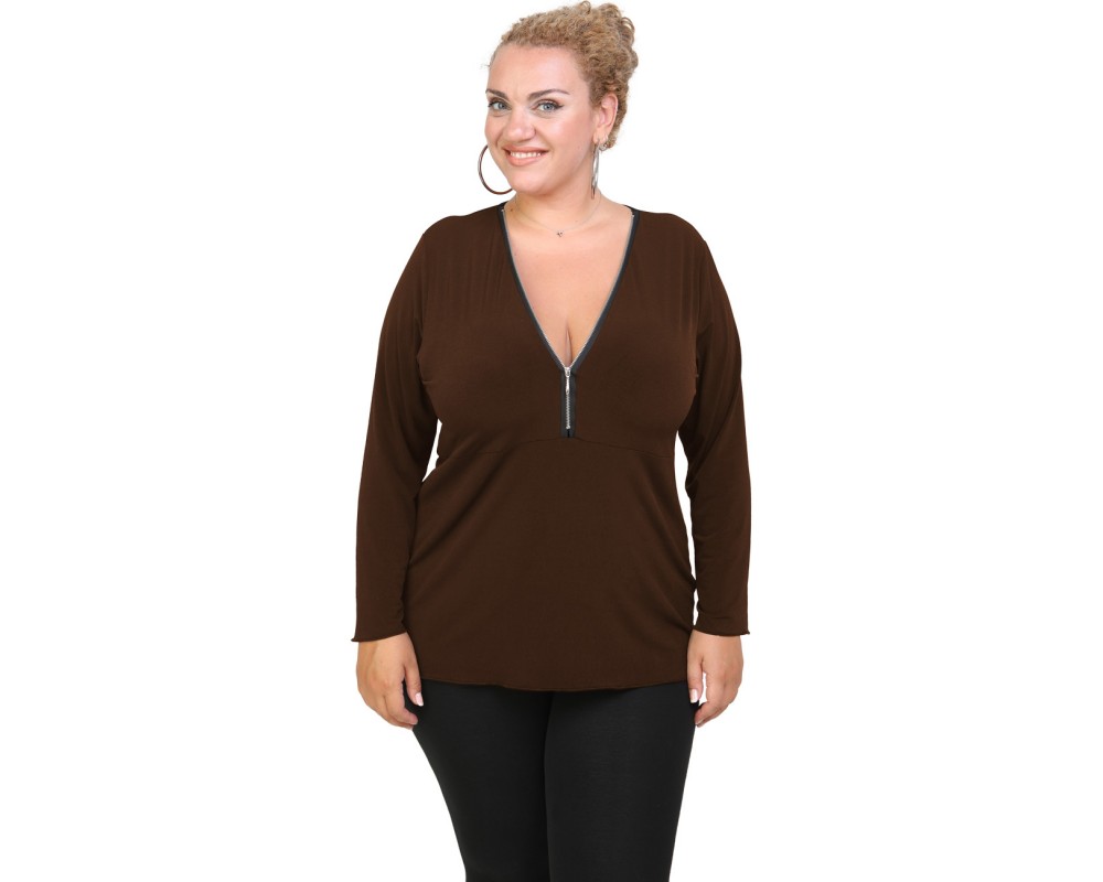 B20-190 Jersey Blouse with zipper - Brown Plus Size