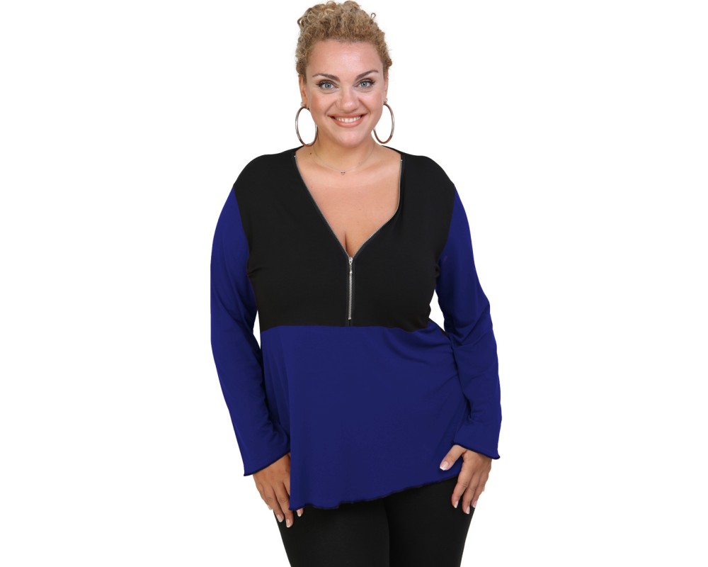 B20-190D Jersey Blouse with zipper - Blue-roi Plus Size