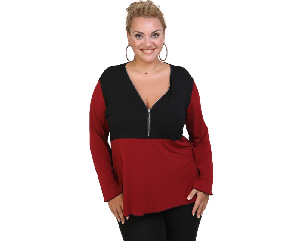 B20-190D Jersey Blouse with zipper - Bordeaux Plus Size