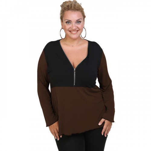 B20-190D Jersey Blouse with zipper - Brown