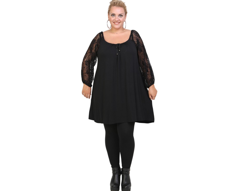 B20-245MD Black Blousedress with lace sleeves Plus Size