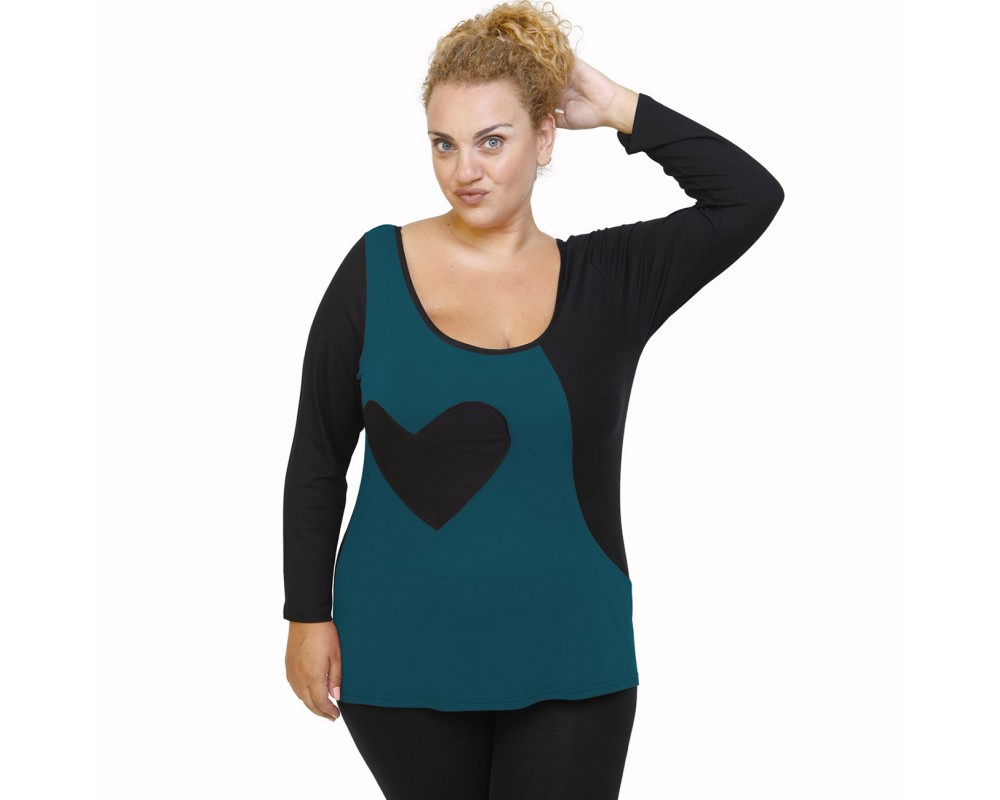 B21-124 Classic blouse with heart - Petrol Plus Size