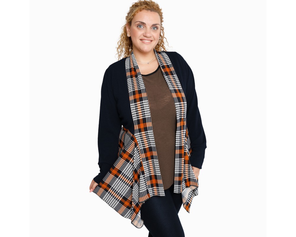 B21-3841 Asymmetric knitted cardigan with pattern - Rust Plus Size