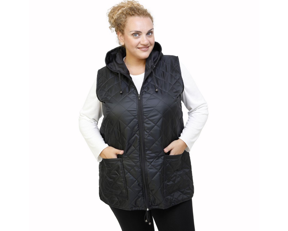 B21-6629AK Sleeveless jacket with zipper and hood - Black Plus Size