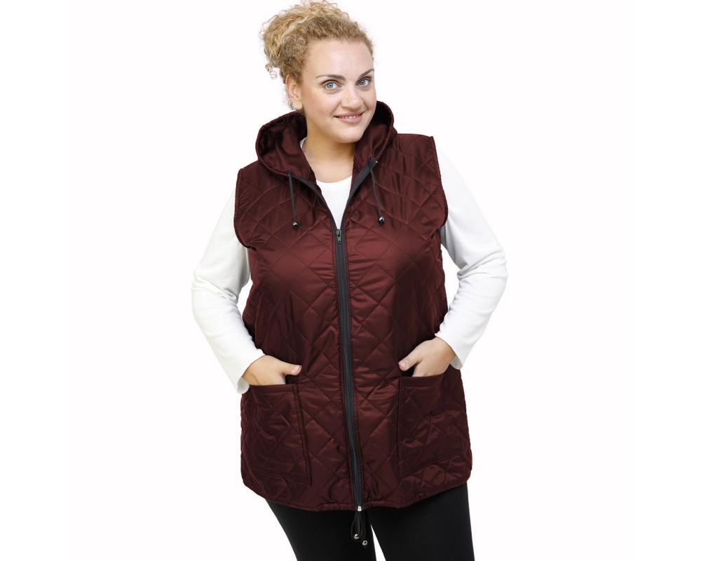 B21-6629AK Sleeveless jacket with zipper and hood - Bordeaux Plus Size
