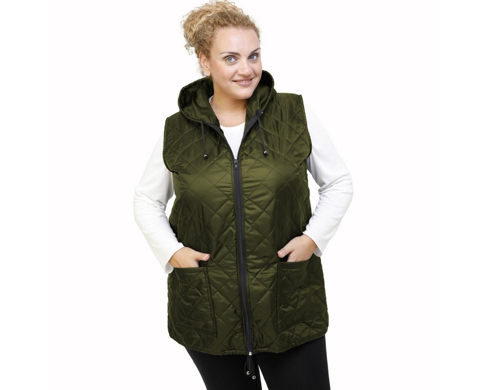 B21-6629AK Sleeveless jacket with zipper and hood - Cypress Green Plus Size